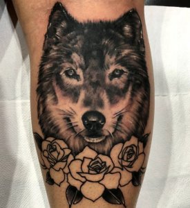 小腿玫瑰&写实狼纹身图案